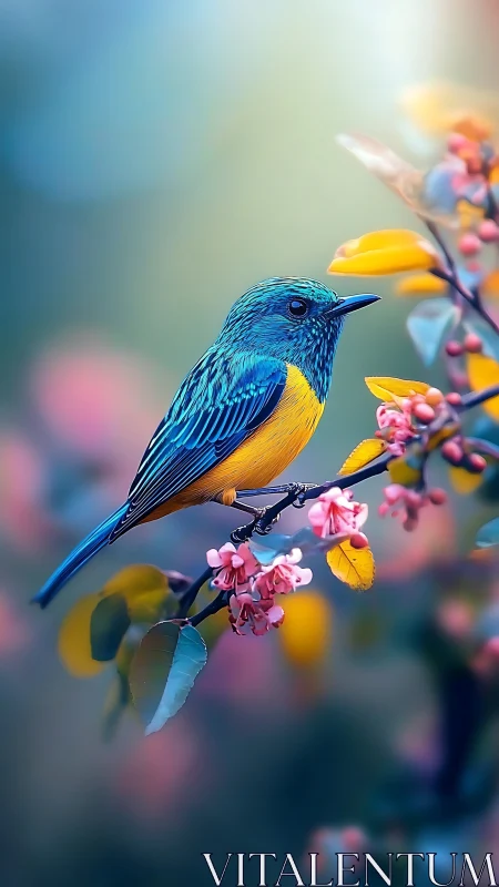 Iridescent songbird on blossoms in soft bokeh glow.