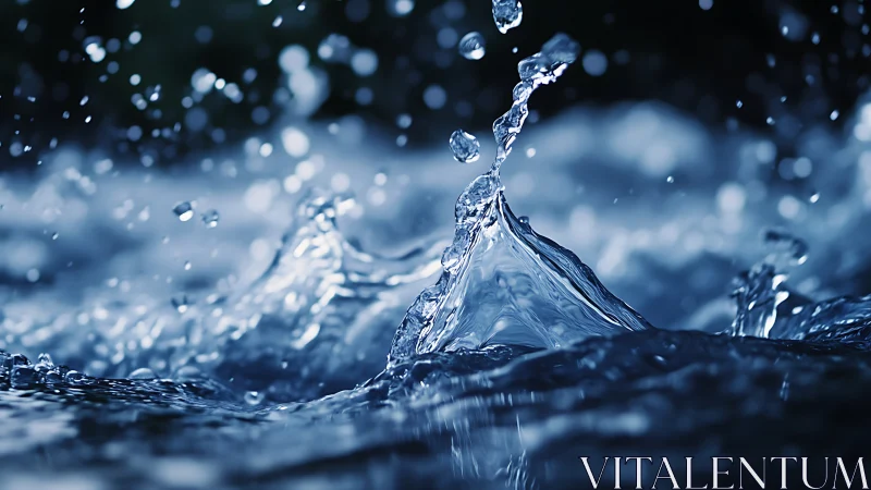 Macro water splash crowns under deep blue lighting.