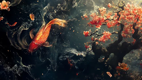 Golden koi swims beside blooming cherry tree in dark water