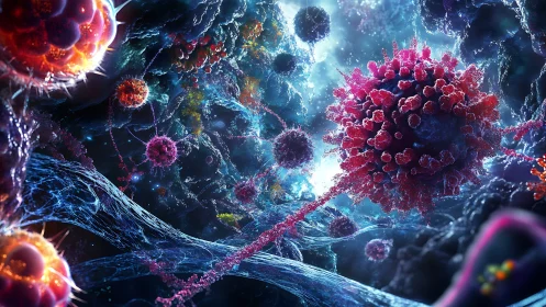 Microscopic virus-like particles rendered in glowing 3D scene