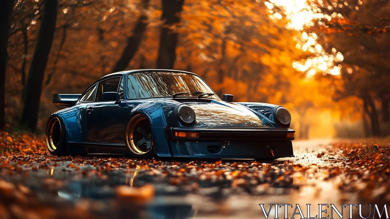 Lowered blue sports car parked on wet autumn forest road