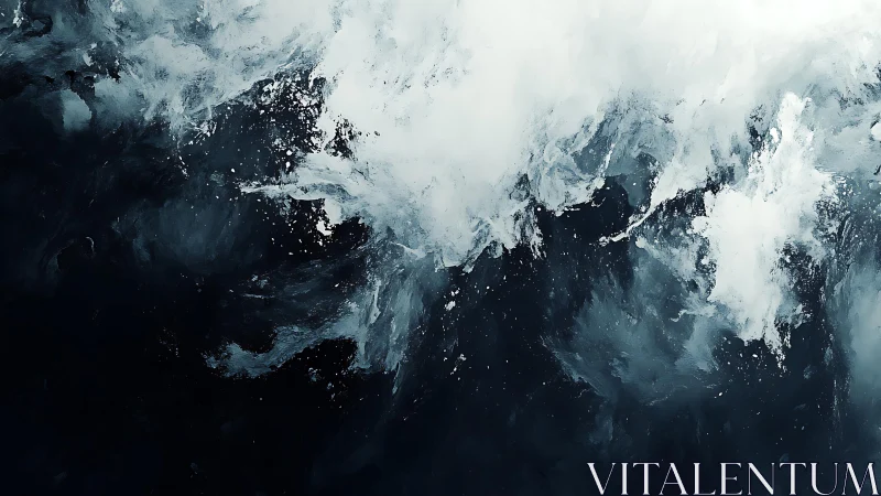 Abstract ocean waves in dark blue and white, expressive painting.