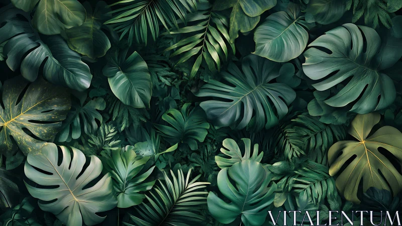 Lush jungle leaves layered in deep, tranquil greens.