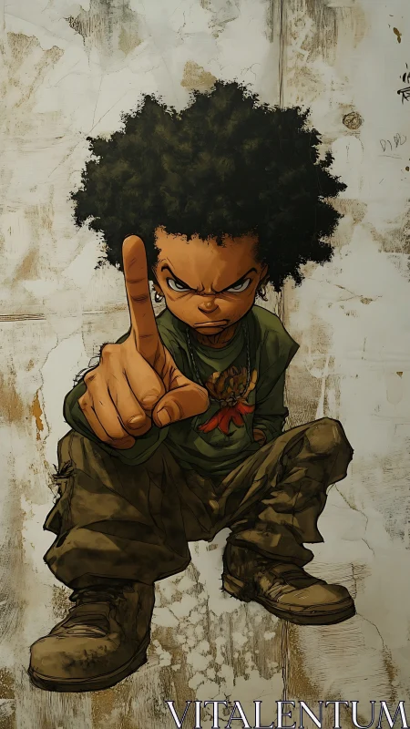 Defiant kid points forward with strong foreshortened gesture