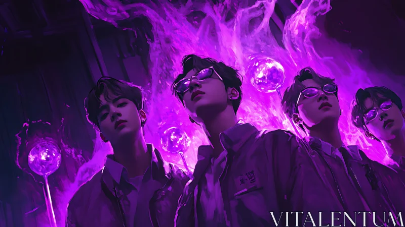 Neon-lit youth quartet under luminescent violet plasma orbs