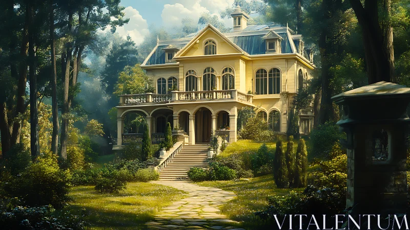 Sunlit manor rising through dreamy forest clearing.