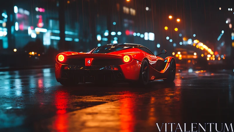 Crimson supercar ignites wet neon city streets at midnight.