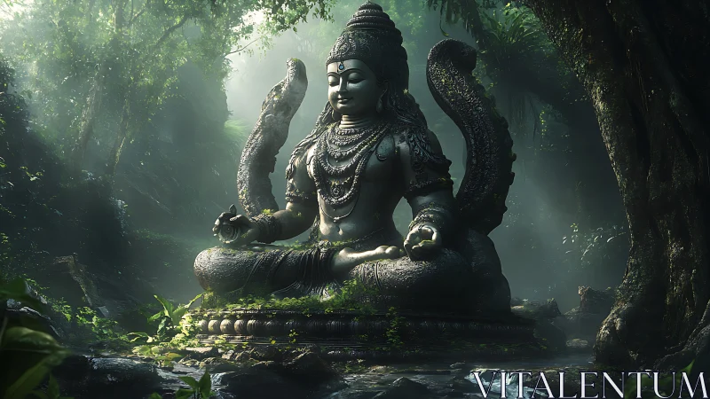 Serene stone deity meditates in misty jungle clearing.