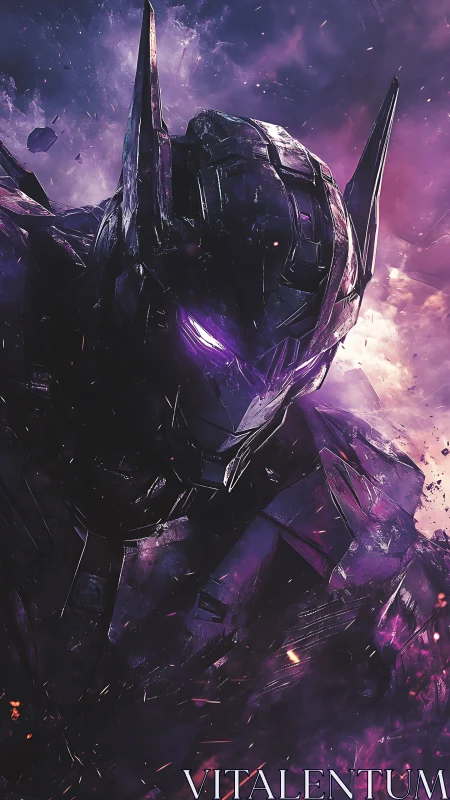 Cyberpunk mech sentinel in cinematic purple nebula field.