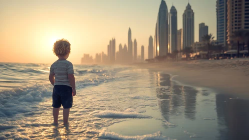Backlit child at urban shoreline horizon interface at dusk.