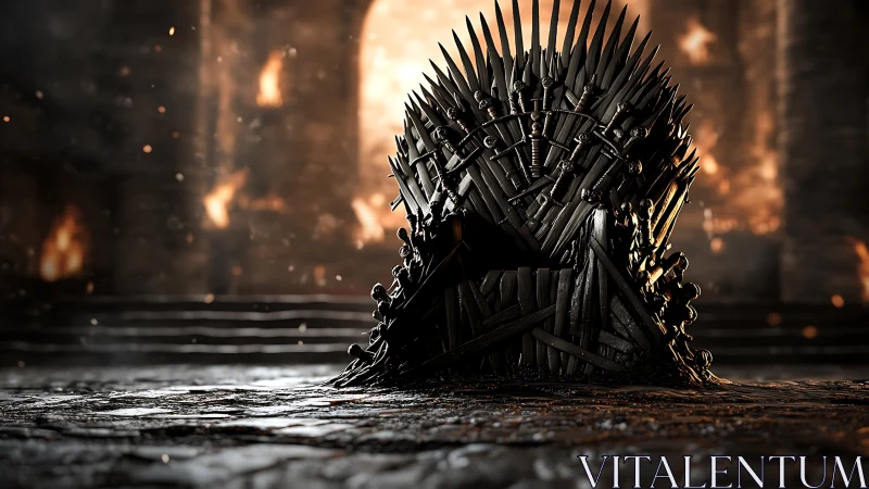 Iron sword throne gleams amid blazing stone hall.