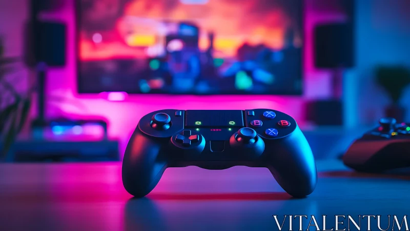 Dual analog gamepad under RGB ambient lighting on gaming desk