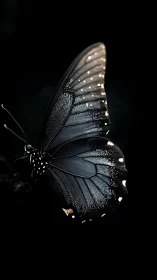 Black butterfly wings glow with silver speckled light.