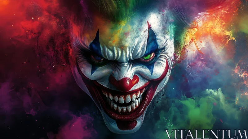 Chromatic nightmare clown erupts from swirling neon smoke
