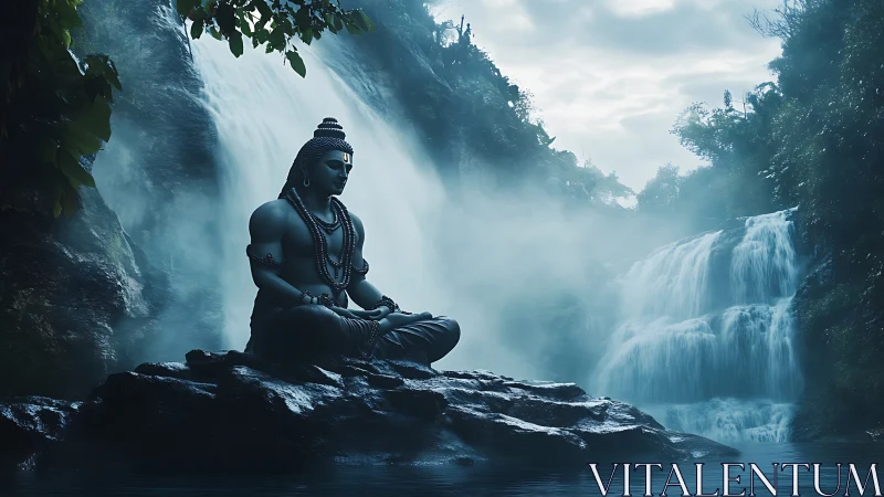 Meditating figure is seated before dual waterfalls in mist