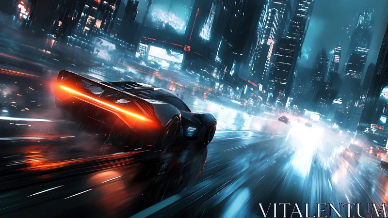 Neon hypercar slices through rain-soaked cyberpunk avenue.