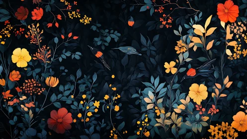 Moonlit Garden Serenade: Nocturnal Blossoms & Soaring Birds.