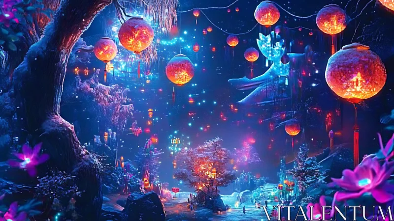 Lantern lit forest glows softly under a dreamy night sky