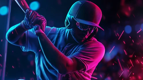 Neon-lit baseball batter readies a powerful swing under lights