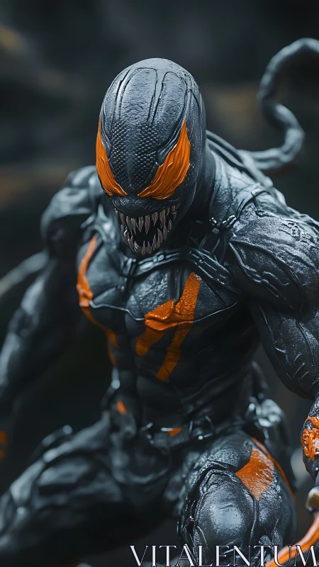 Black symbiote creature figurine with sharp orange details.