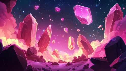 Glimmering pink crystals drift gently through a starry sky