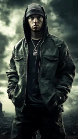 Brooding urban figure in dark hooded jacket at dusk skyline.