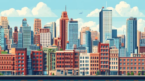 Layered midrise and highrise city skyline in stylized daylight