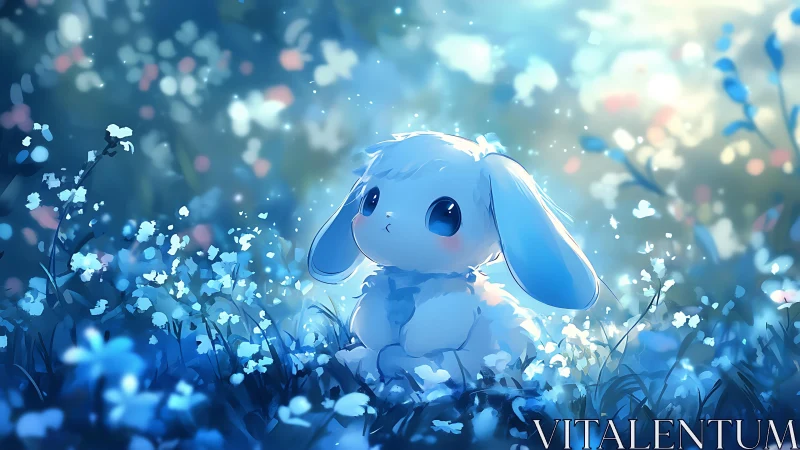 Blue meadow rabbit glows under dreamy spring light.