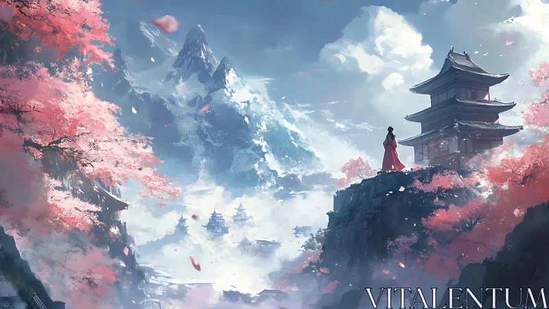 Spring blossoms crown a misty mountain temple in quiet wonder