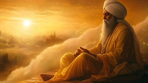 Golden-hour digital painting portrays meditative sage above clouds