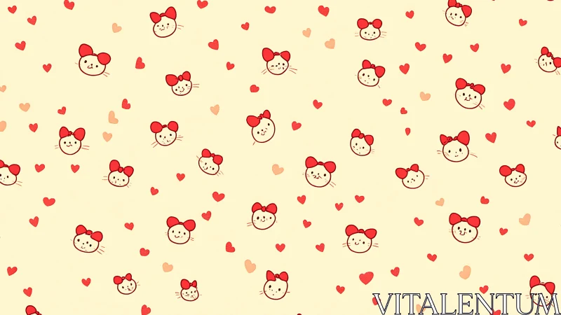 Cheerful Cats with Red Bows and Scattered Hearts Pattern.