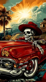 Skeleton driver cruises lowrider beneath blazing desert sun