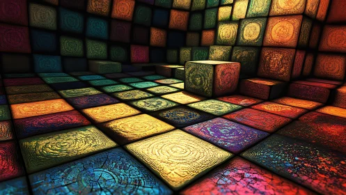 Multicolored cubic room with textured illuminated tiles.