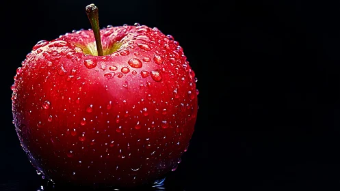 Crimson morning apple glows as dew clings like tiny jewels