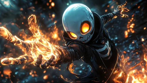 Flaming skeletal wraith unleashing volumetric inferno burst.