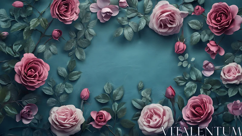 3D Rendered Floral Arrangement: Full-Bloom Roses with Layered Petals on Teal Surface