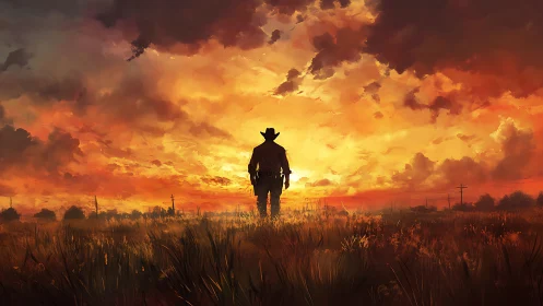 Cowboy silhouette in open field under expansive sunset sky.