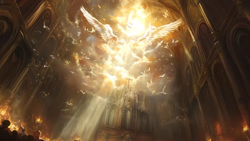 Angel of light erupts above cathedral altar in spectral ascent