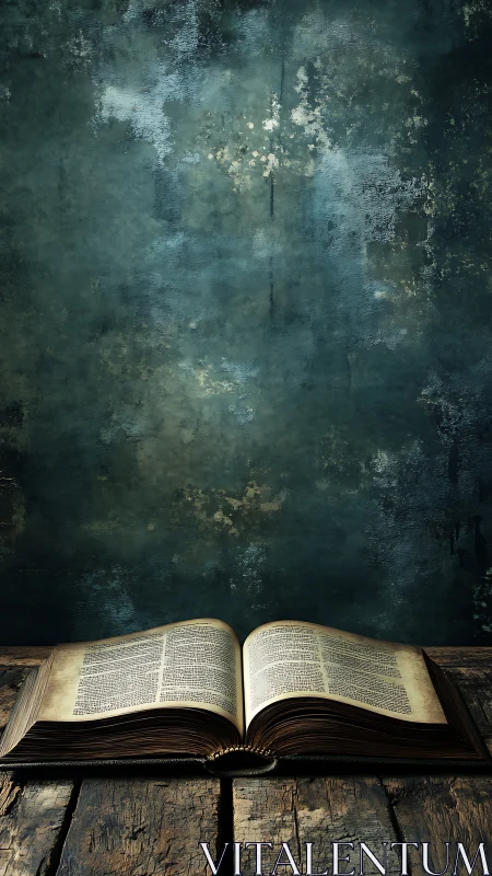 Ancient book rests on cracked wood under moody teal wall.