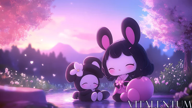 Soft twilight picnic with two pastel bunny friends by water.
