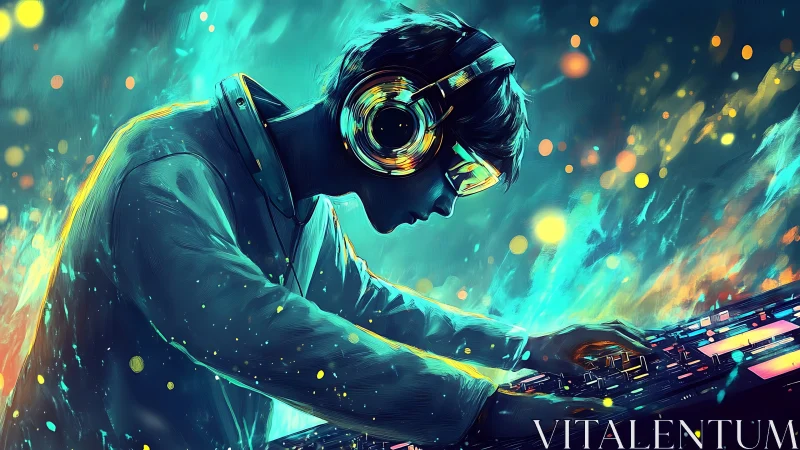 Neon-lit DJ producer mixing electronic tracks in profile.