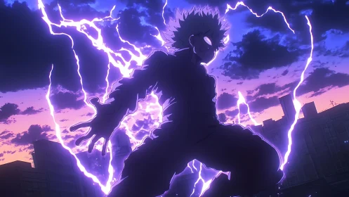 Stormlit street hero crackling with violet midnight voltage.