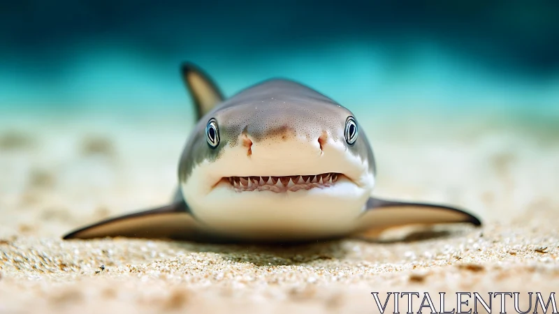 Juvenile reef shark resting on sand in shallow turquoise water.