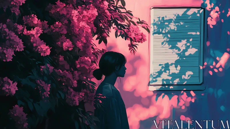 Quiet evening silhouette beside glowing garden blossoms.