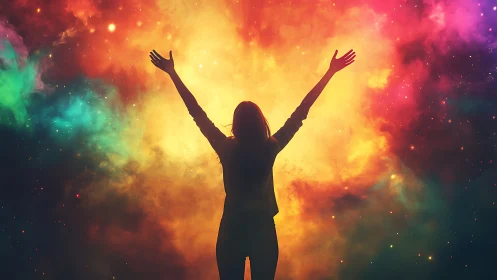 Silhouette with raised arms before multicolor nebula field.