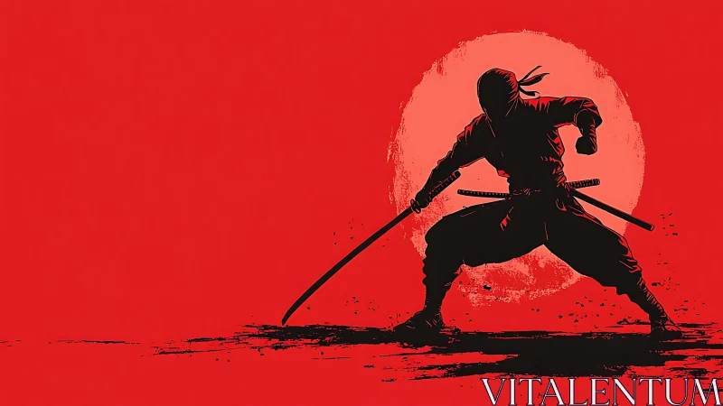 Silhouetted ninja holds drawn katana before circular backdrop