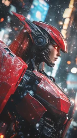 Red armored female cyborg in snowy futuristic city street.