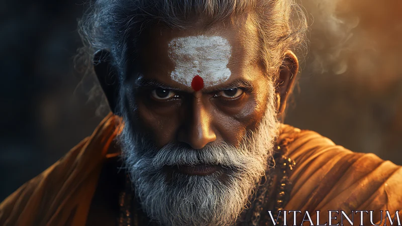 Intense ascetic portrait with ritual tilak under cinematic light.
