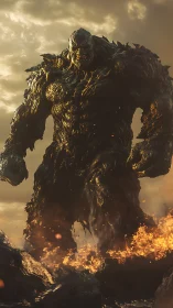 Colossal molten humanoid figure stands amid volcanic flames