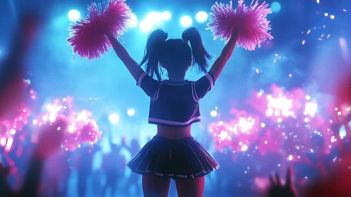 Backlit cheerleader silhouette with pom poms on lit stage.